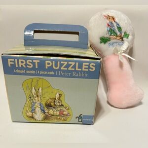 Vintage Eden Plush Peter Rabbit Baby Rattle & 4  First Puzzles Set Mudpuppy